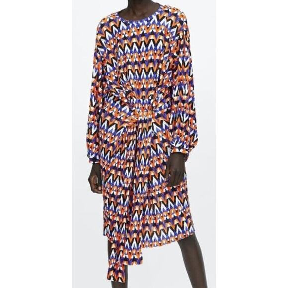 ZARA Wrap Dress Women’s Sz Small Oversized Blue Orange Geo Print Sheath Modern - Picture 3 of 6